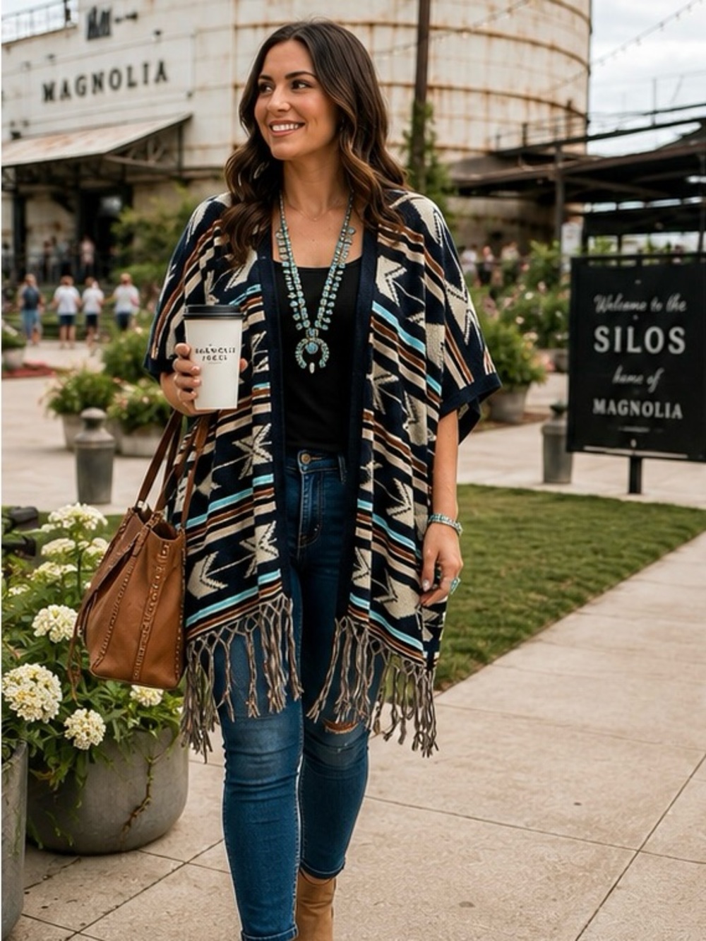 Double Zero Southwestern Fringe Poncho Cardigan Boho Cotton Size S